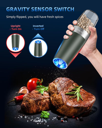 Electric Salt & Pepper Grinder Set, Adjustable Coarseness, LED, One-Hand Use, Stainless Steel 2-Pack-Toppalletfly