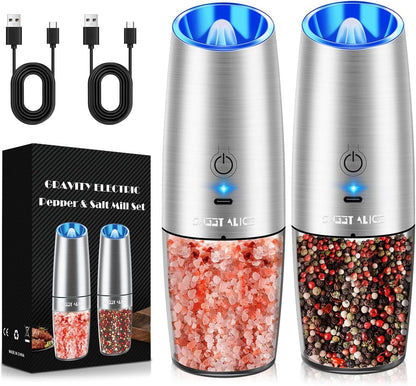 Electric Salt & Pepper Grinder Set, Adjustable Coarseness, LED, One-Hand Use, Stainless Steel 2-Pack-Toppalletfly