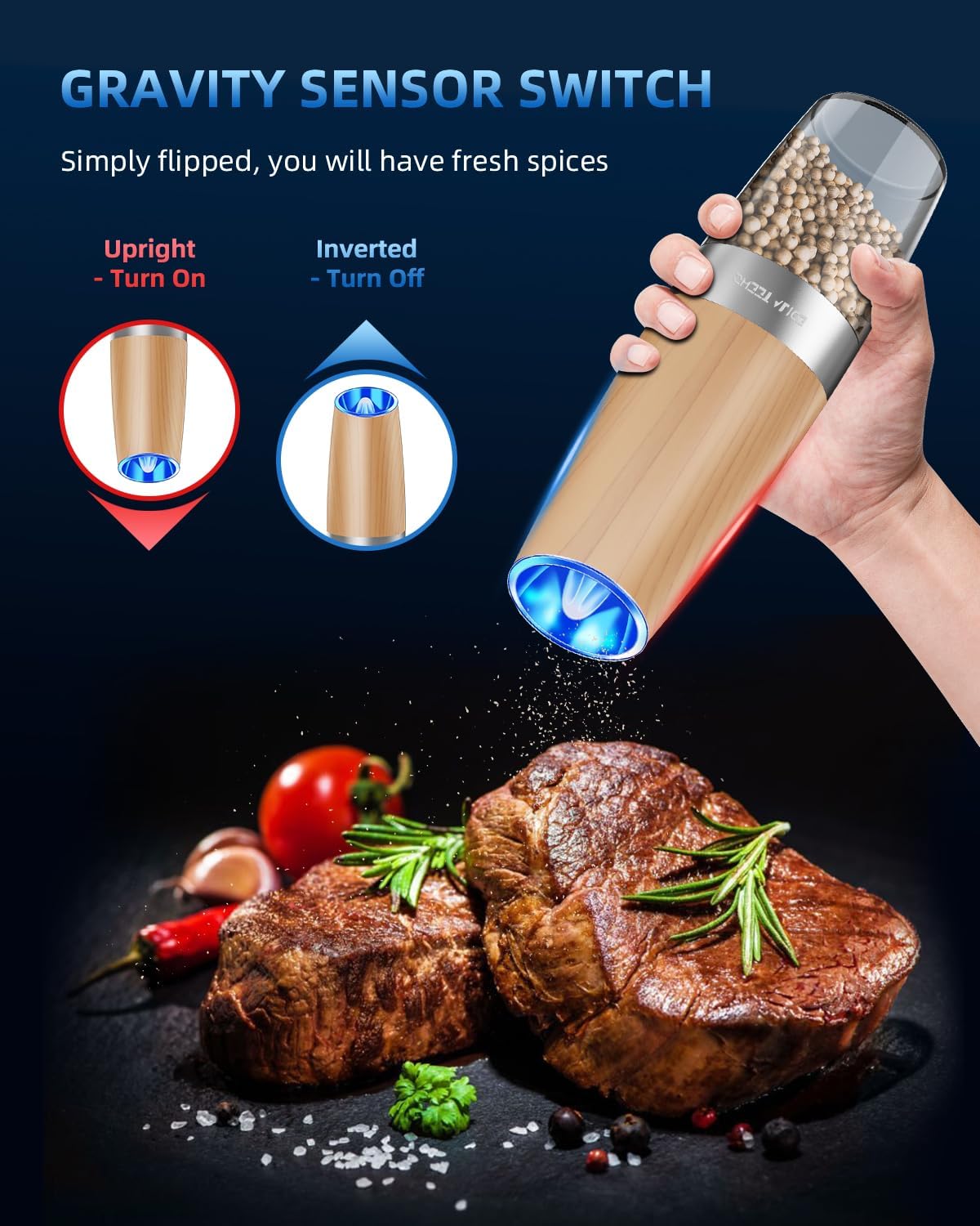 Electric Salt & Pepper Grinder Set, Adjustable Coarseness, LED, One-Hand Use, Stainless Steel 2-Pack-Toppalletfly