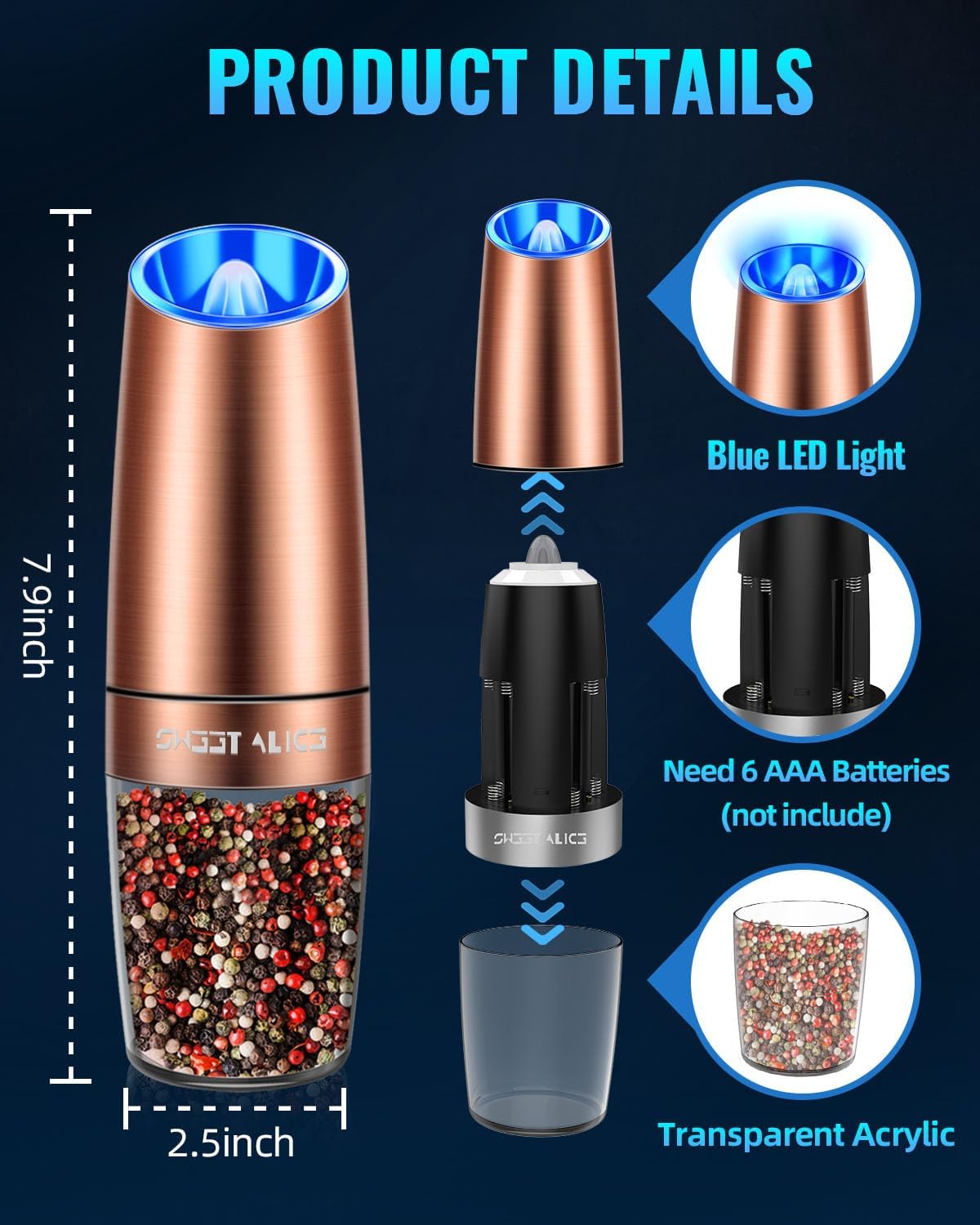 Electric Salt & Pepper Grinder Set, Adjustable Coarseness, LED, One-Hand Use, Stainless Steel 2-Pack-Toppalletfly