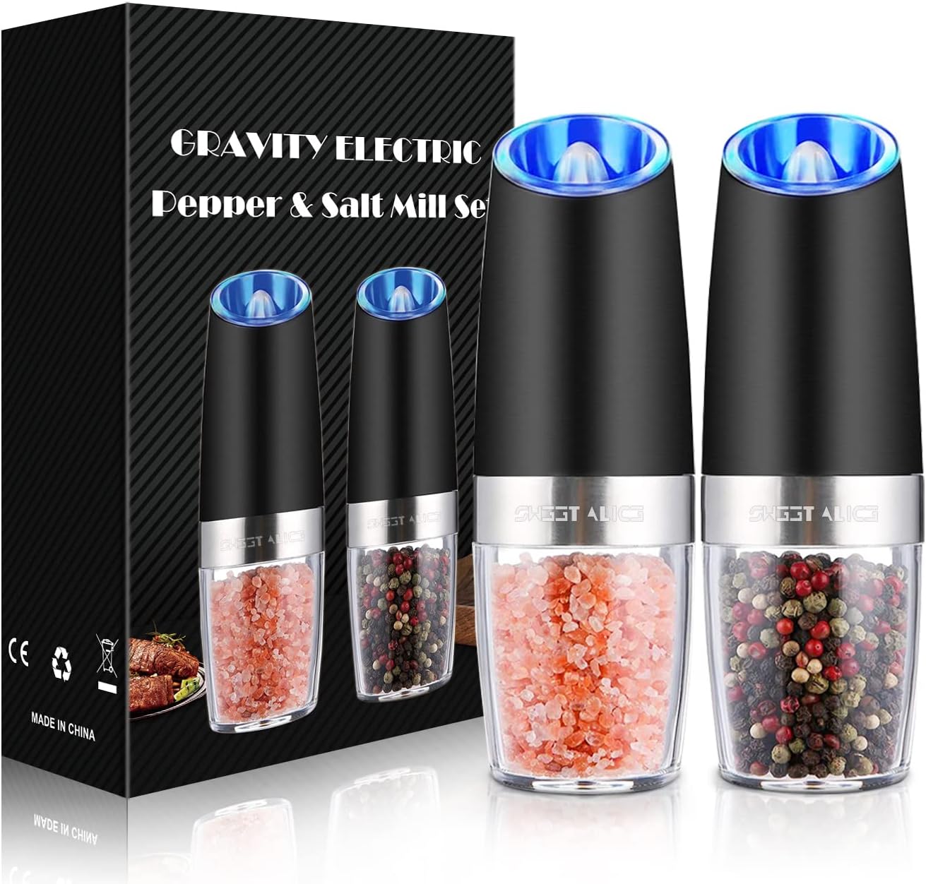 Electric Salt & Pepper Grinder Set, Adjustable Coarseness, LED, One-Hand Use, Stainless Steel 2-Pack-Toppalletfly