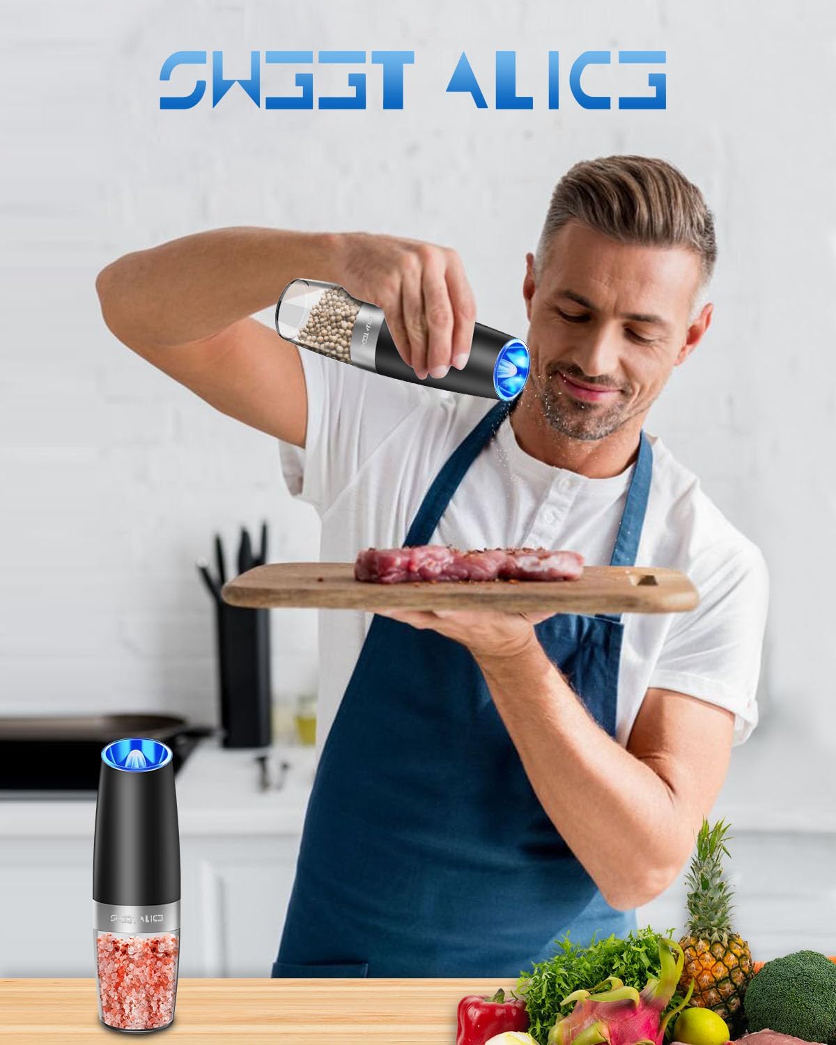 Electric Salt & Pepper Grinder Set, Adjustable Coarseness, LED, One-Hand Use, Stainless Steel 2-Pack-Toppalletfly