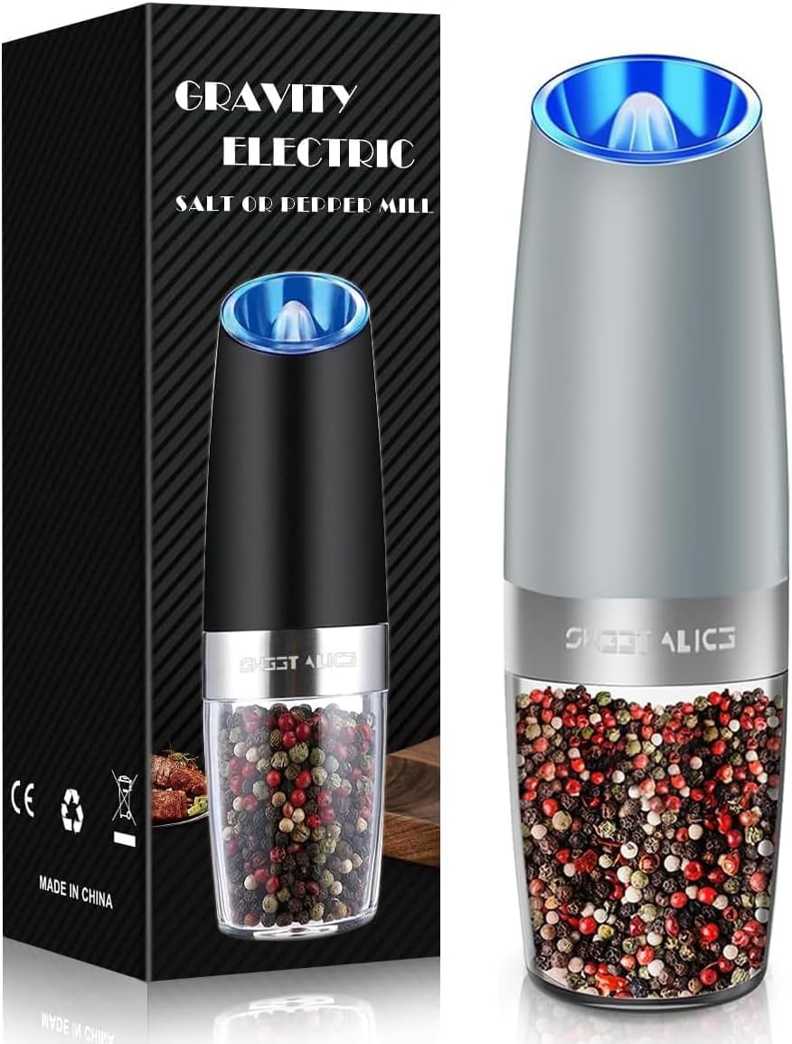 Electric Salt & Pepper Grinder Set, Adjustable Coarseness, LED, One-Hand Use, Stainless Steel 2-Pack-Toppalletfly