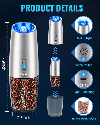 Electric Salt & Pepper Grinder Set, Adjustable Coarseness, LED, One-Hand Use, Stainless Steel 2-Pack-Toppalletfly