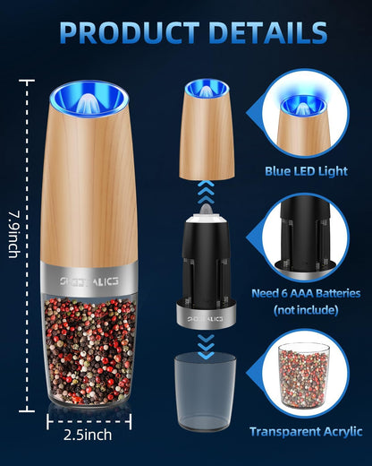 Electric Salt & Pepper Grinder Set, Adjustable Coarseness, LED, One-Hand Use, Stainless Steel 2-Pack-Toppalletfly