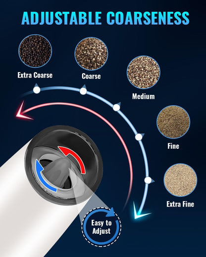 Electric Salt & Pepper Grinder Set, Adjustable Coarseness, LED, One-Hand Use, Stainless Steel 2-Pack-Toppalletfly