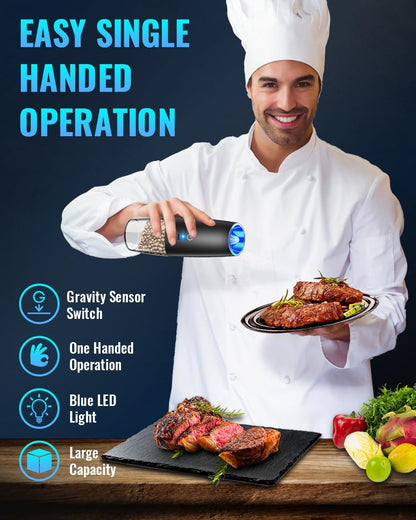 Electric Salt & Pepper Grinder Set, Adjustable Coarseness, LED, One-Hand Use, Stainless Steel 2-Pack-Toppalletfly