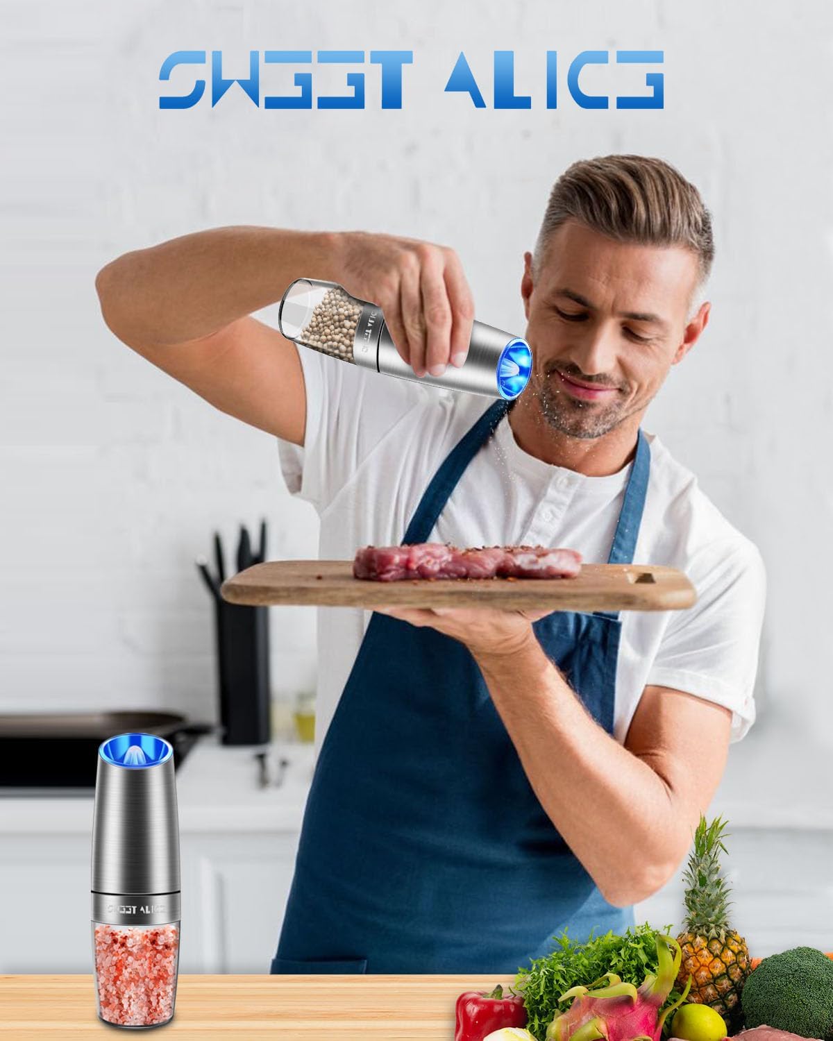 Electric Salt & Pepper Grinder Set, Adjustable Coarseness, LED, One-Hand Use, Stainless Steel 2-Pack-Toppalletfly