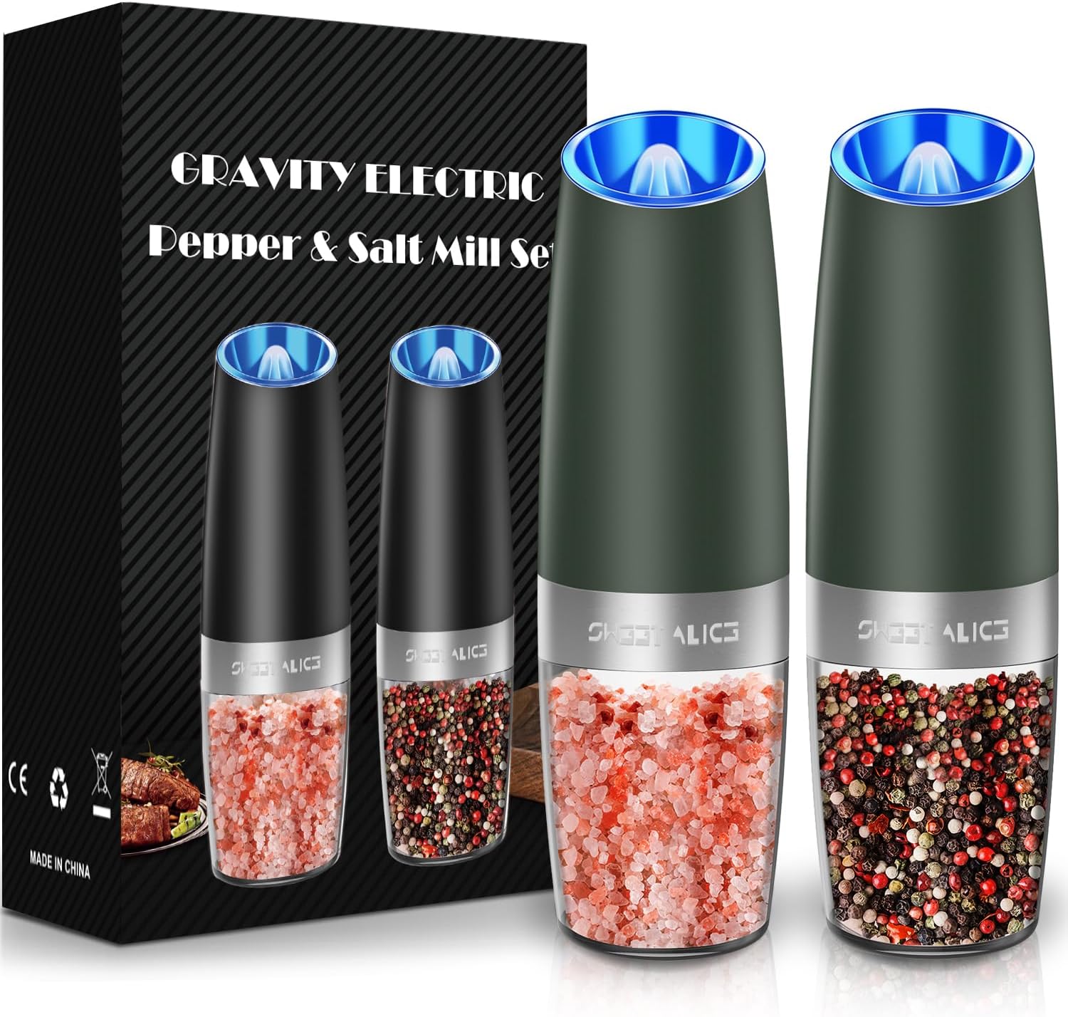 Electric Salt & Pepper Grinder Set, Adjustable Coarseness, LED, One-Hand Use, Stainless Steel 2-Pack-Toppalletfly