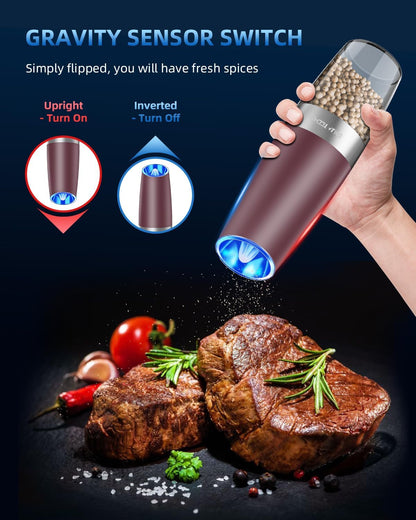 Electric Salt & Pepper Grinder Set, Adjustable Coarseness, LED, One-Hand Use, Stainless Steel 2-Pack-Toppalletfly
