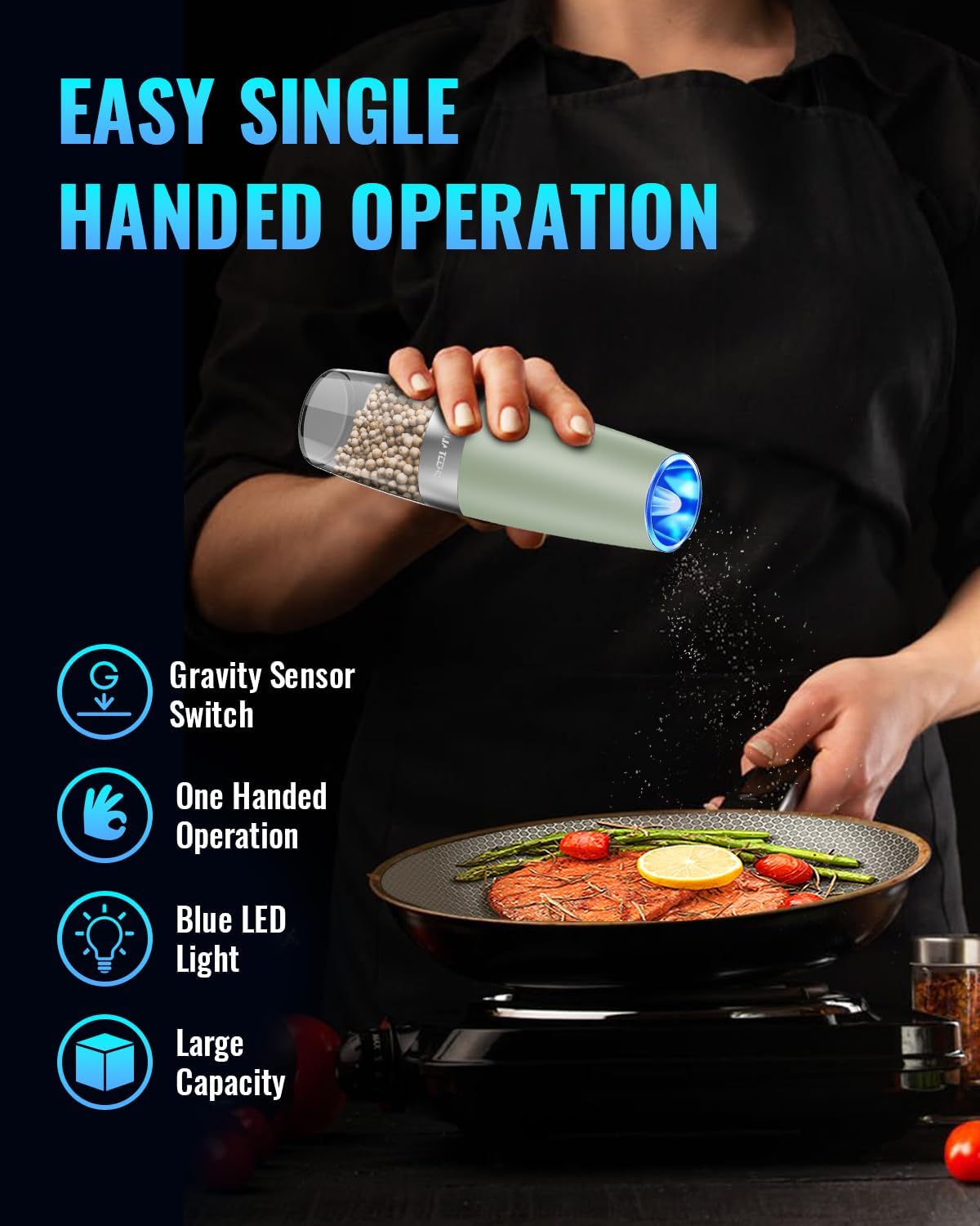 Electric Salt & Pepper Grinder Set, Adjustable Coarseness, LED, One-Hand Use, Stainless Steel 2-Pack-Toppalletfly