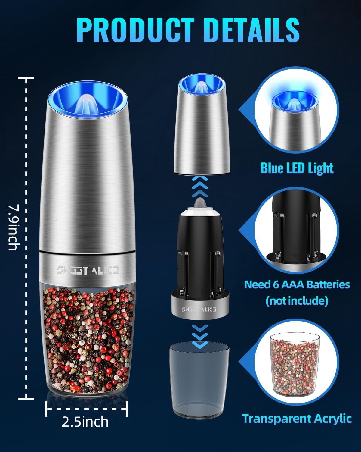 Electric Salt & Pepper Grinder Set, Adjustable Coarseness, LED, One-Hand Use, Stainless Steel 2-Pack-Toppalletfly