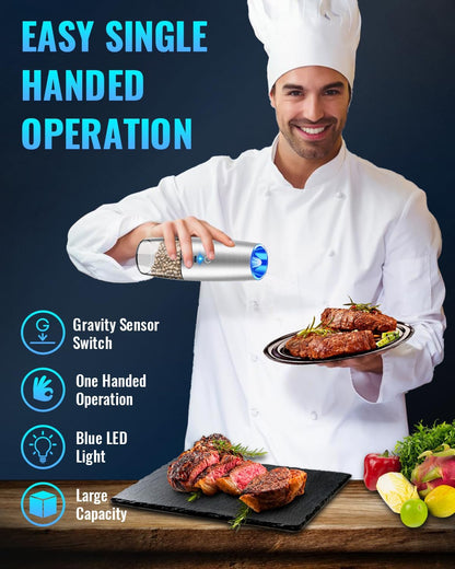 Electric Salt & Pepper Grinder Set, Adjustable Coarseness, LED, One-Hand Use, Stainless Steel 2-Pack-Toppalletfly