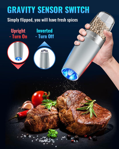 Electric Salt & Pepper Grinder Set, Adjustable Coarseness, LED, One-Hand Use, Stainless Steel 2-Pack-Toppalletfly