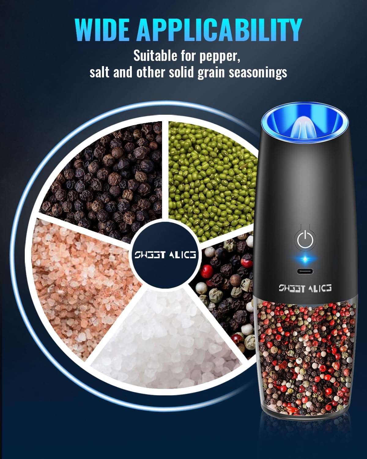 Electric Salt & Pepper Grinder Set, Adjustable Coarseness, LED, One-Hand Use, Stainless Steel 2-Pack-Toppalletfly