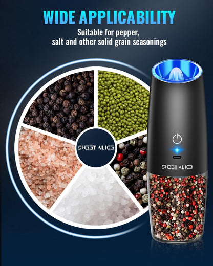 Electric Salt & Pepper Grinder Set, Adjustable Coarseness, LED, One-Hand Use, Stainless Steel 2-Pack-Toppalletfly