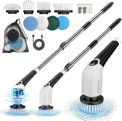 Electric Spin Scrubber, Cordless Cleaning Brush with 8 Replaceable Brush Heads, 3 Adjustable Speeds, Adjustable & Detachable Long Handle, Voice Broadcast-Toppalletfly