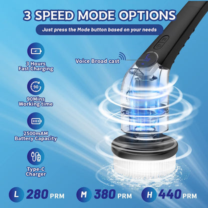 Electric Spin Scrubber, Cordless Cleaning Brush with 8 Replaceable Brush Heads, 3 Adjustable Speeds, Adjustable & Detachable Long Handle, Voice Broadcast-Toppalletfly