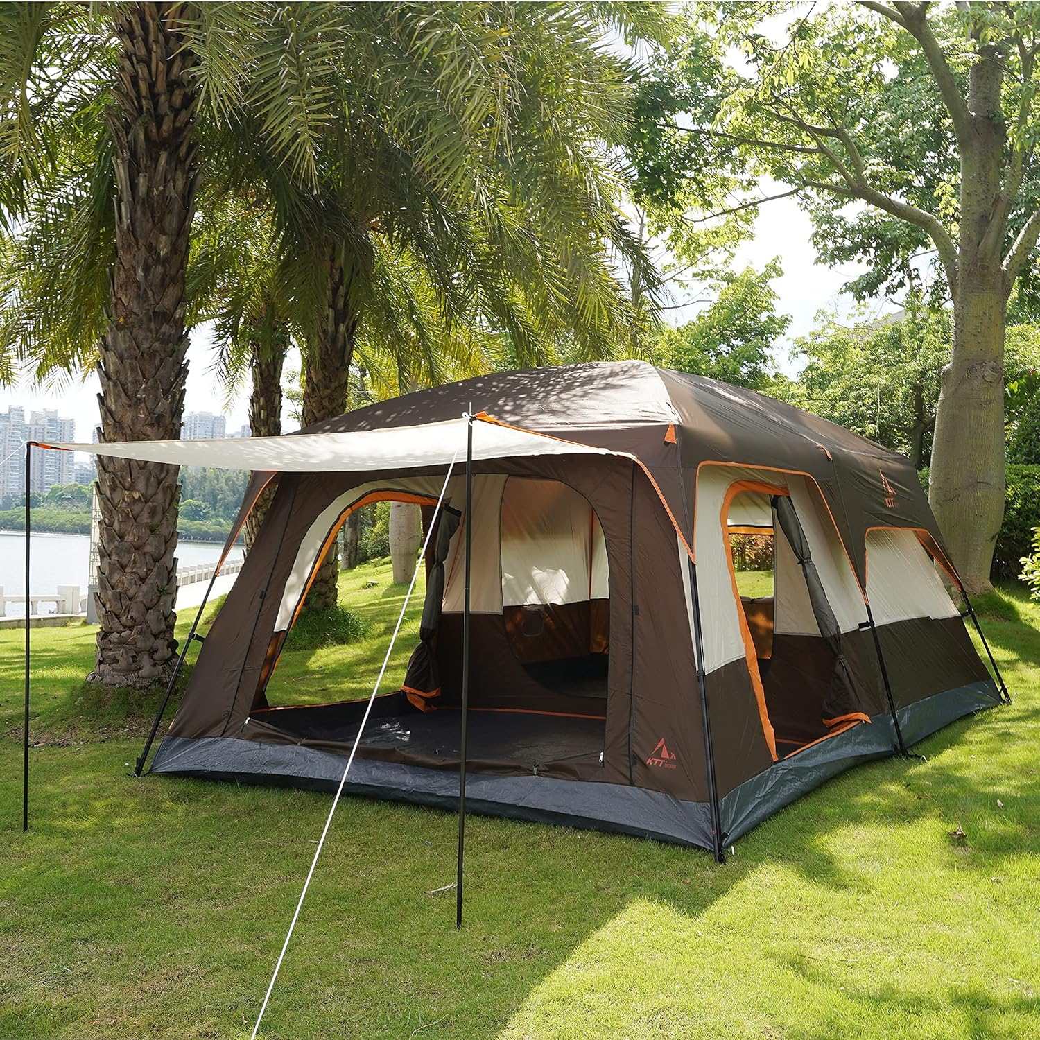 Extra Large Tent 10-12 Person Family Cabin Tents, 2 Rooms, Straight Wall, 3 Doors and 3 Windows with Mesh, Waterproof, Double Layer, Big Tent for Outdoors-Toppalletfly