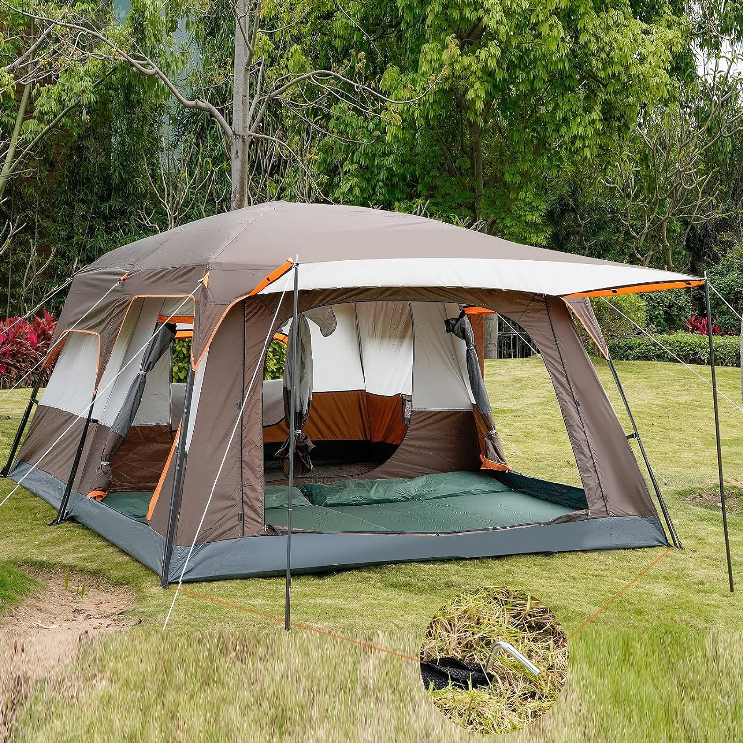 Extra Large Tent 10-12 Person Family Cabin Tents, 2 Rooms, Straight Wall, 3 Doors and 3 Windows with Mesh, Waterproof, Double Layer, Big Tent for Outdoors-Toppalletfly