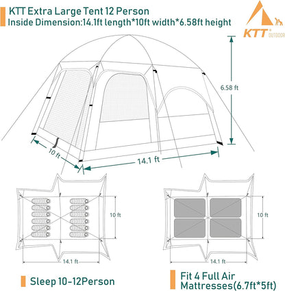 Extra Large Tent 10-12 Person Family Cabin Tents, 2 Rooms, Straight Wall, 3 Doors and 3 Windows with Mesh, Waterproof, Double Layer, Big Tent for Outdoors-Toppalletfly
