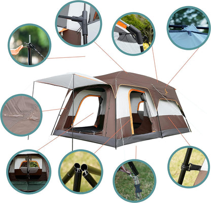 Extra Large Tent 10-12 Person Family Cabin Tents, 2 Rooms, Straight Wall, 3 Doors and 3 Windows with Mesh, Waterproof, Double Layer, Big Tent for Outdoors-Toppalletfly