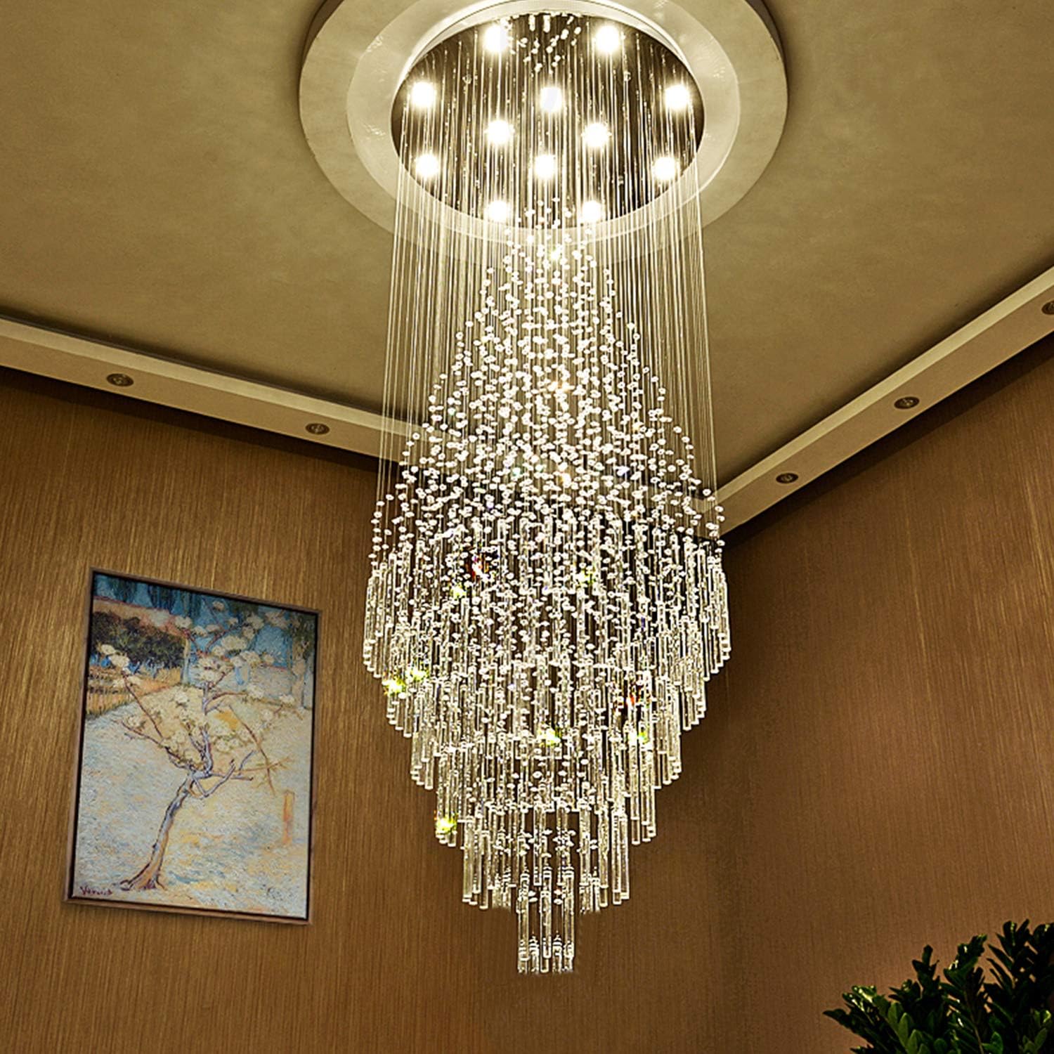 Flush Mount High Ceiling Chandelier, Modern Raindrop Crystal Chandeliers-Toppalletfly