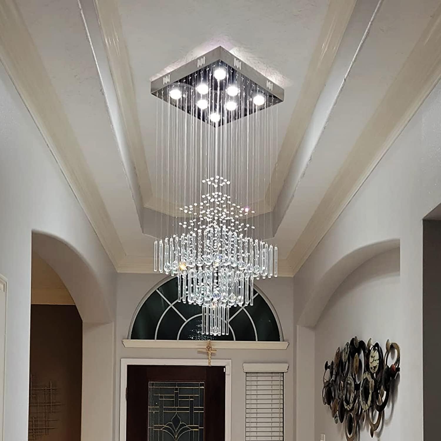 Flush Mount High Ceiling Chandelier, Modern Raindrop Crystal Chandeliers-Toppalletfly