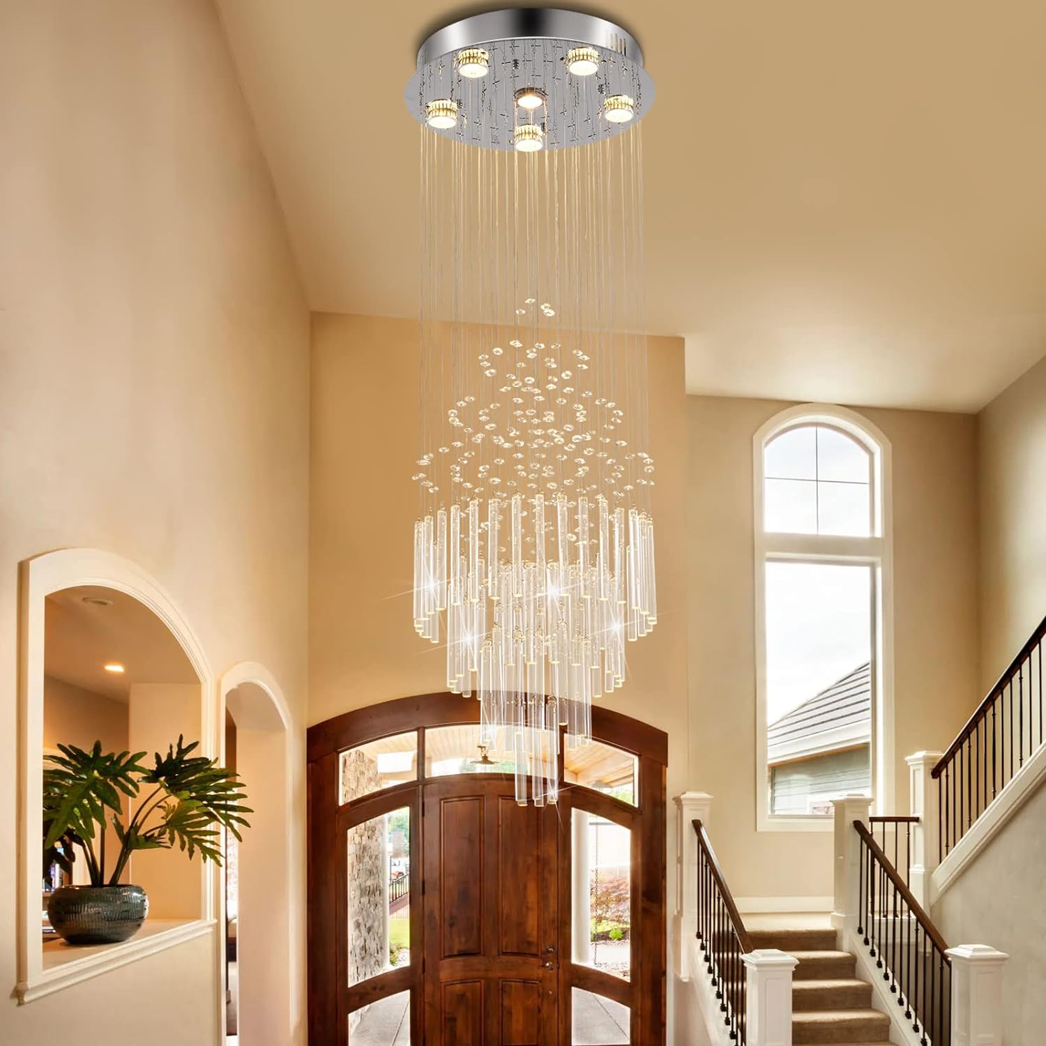 Flush Mount High Ceiling Chandelier, Modern Raindrop Crystal Chandeliers-Toppalletfly