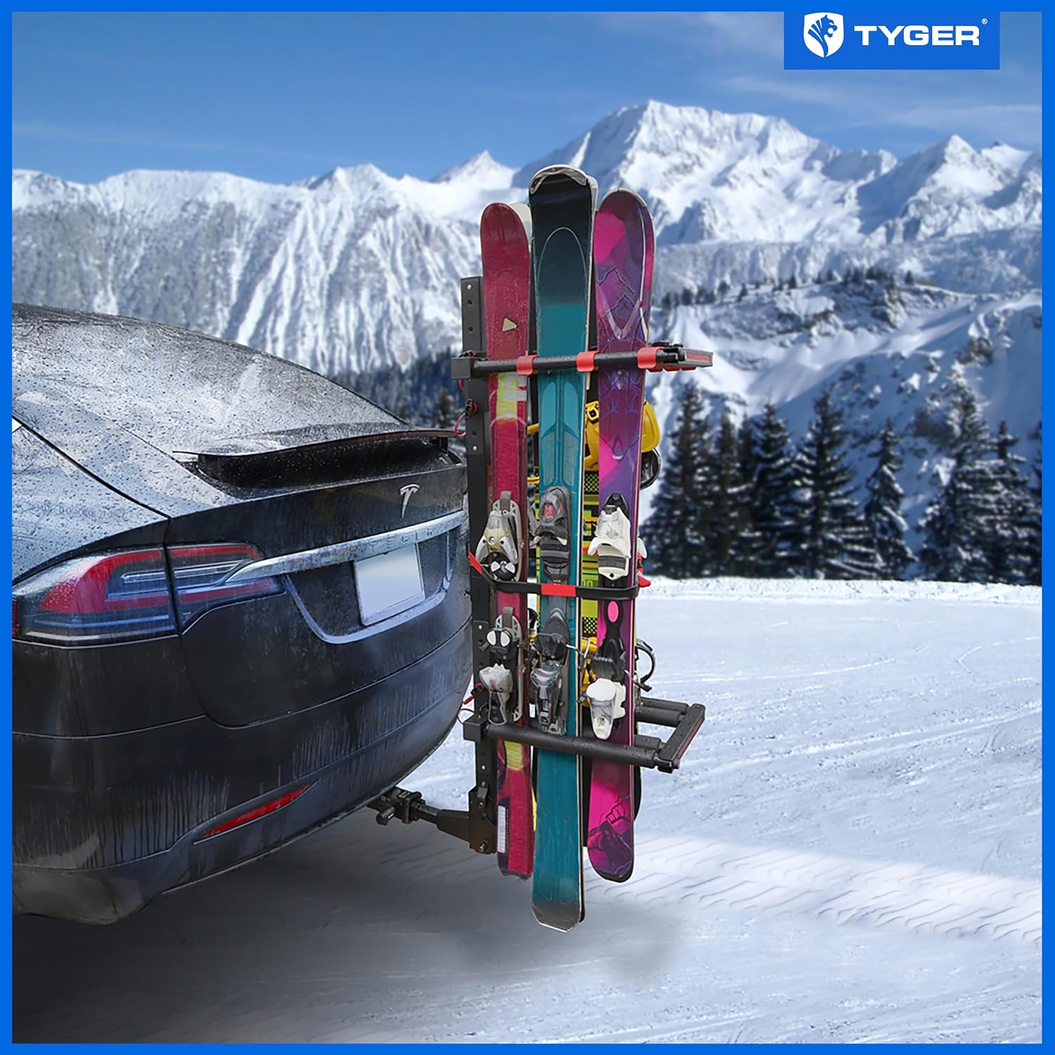 Folding Hitch-Mounted Ski or Snowboard Rack Fits 2" or 1.25" Receiver, Carries 6 Pair Skis or 4 Snowboards-Toppalletfly