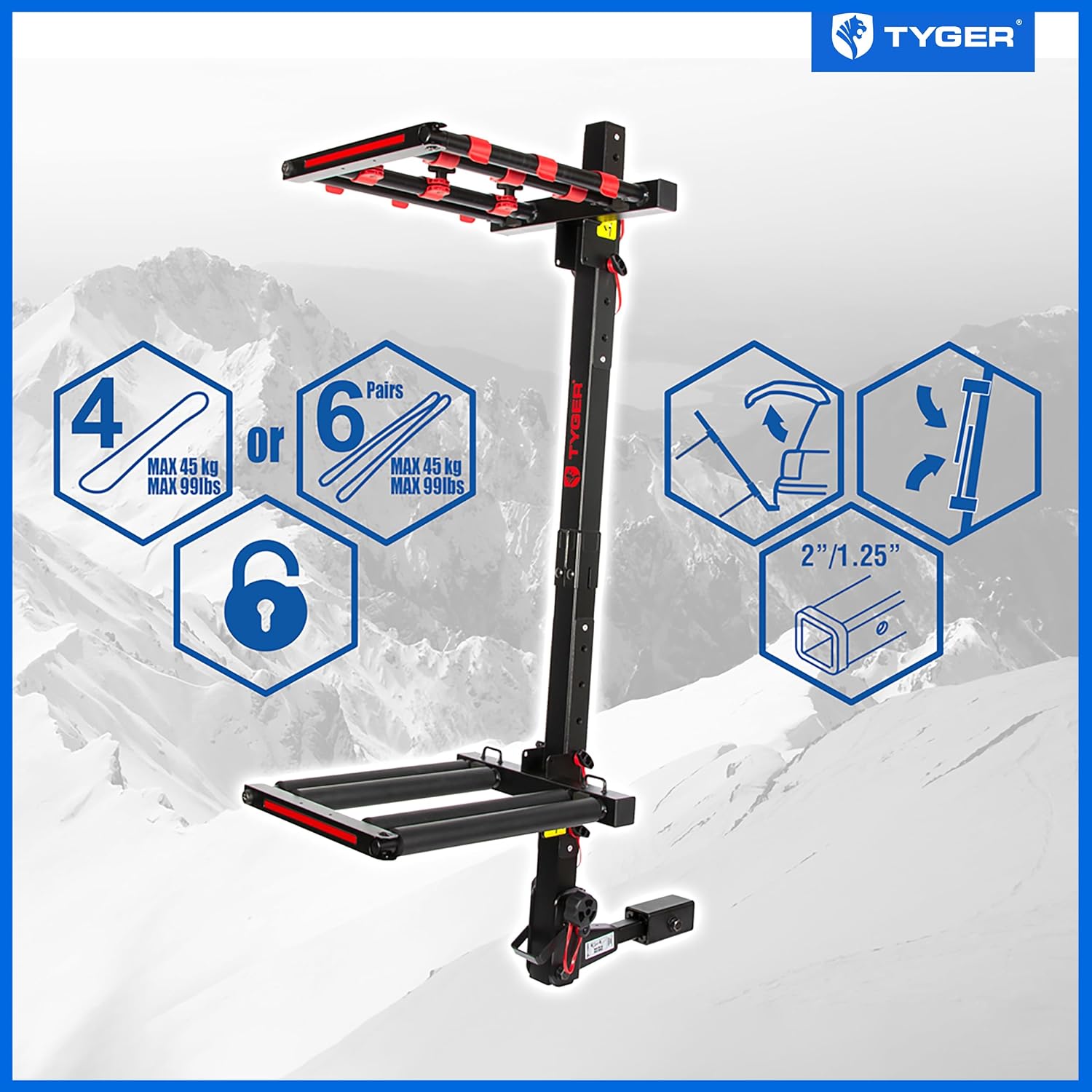 Folding Hitch-Mounted Ski or Snowboard Rack Fits 2" or 1.25" Receiver, Carries 6 Pair Skis or 4 Snowboards-Toppalletfly