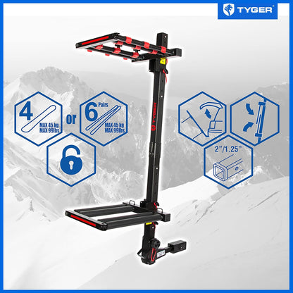 Folding Hitch-Mounted Ski or Snowboard Rack Fits 2" or 1.25" Receiver, Carries 6 Pair Skis or 4 Snowboards-Toppalletfly