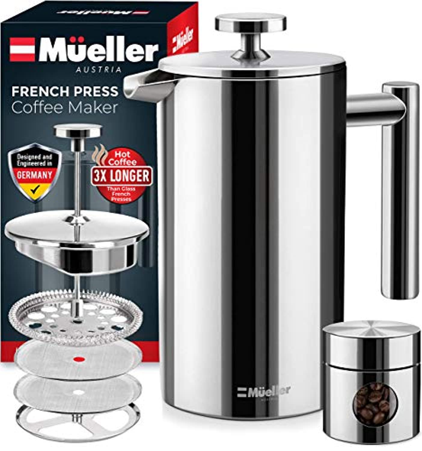 French Press Double Insulated 310 Stainless Steel Coffee Maker 4 Level Filtration System, No Coffee Grounds, Rust-Free, Dishwasher Safe-Toppalletfly