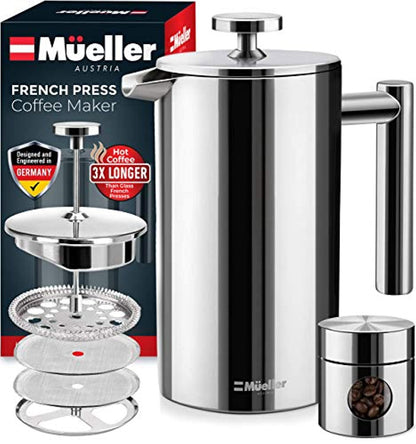 French Press Double Insulated 310 Stainless Steel Coffee Maker 4 Level Filtration System, No Coffee Grounds, Rust-Free, Dishwasher Safe-Toppalletfly