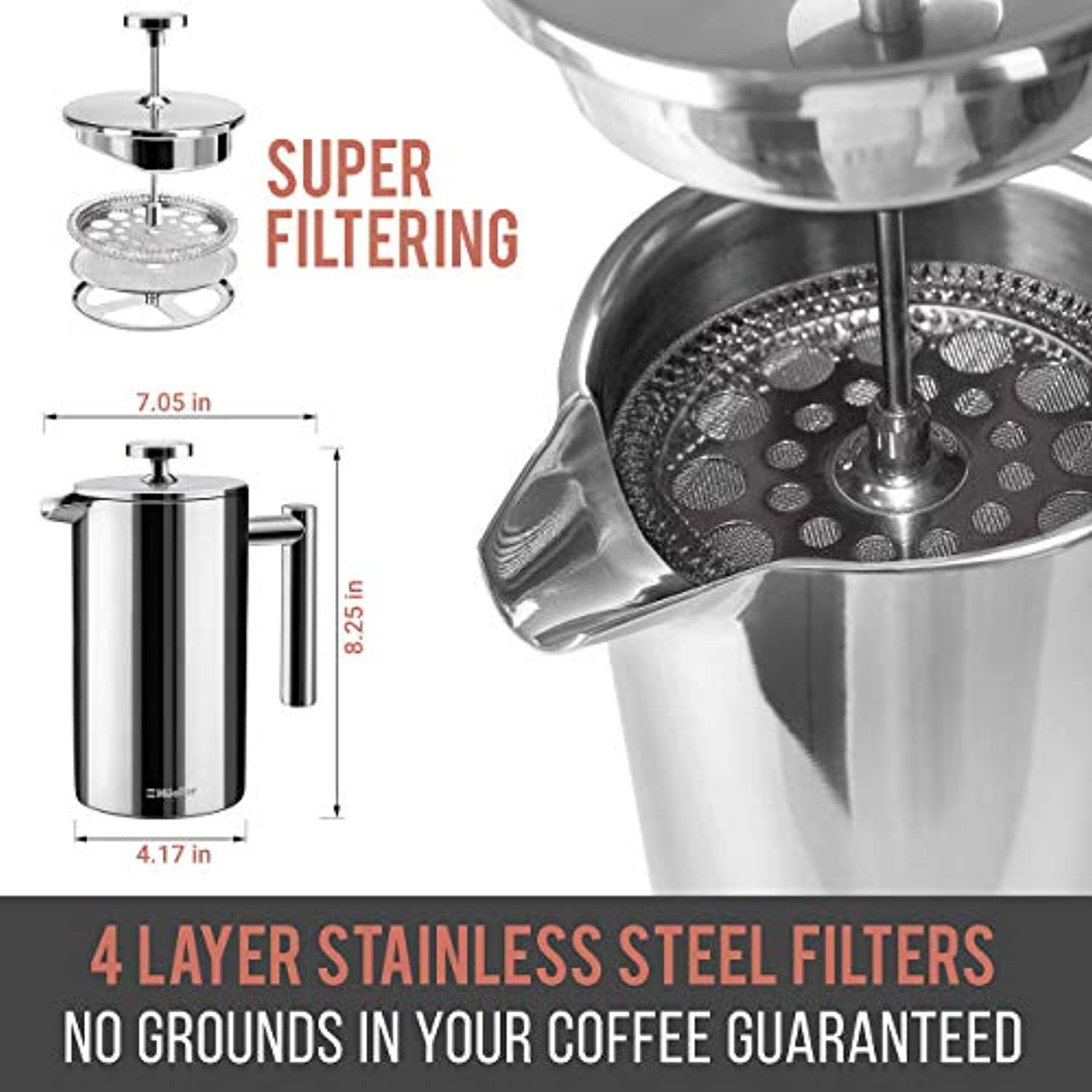 French Press Double Insulated 310 Stainless Steel Coffee Maker 4 Level Filtration System, No Coffee Grounds, Rust-Free, Dishwasher Safe-Toppalletfly