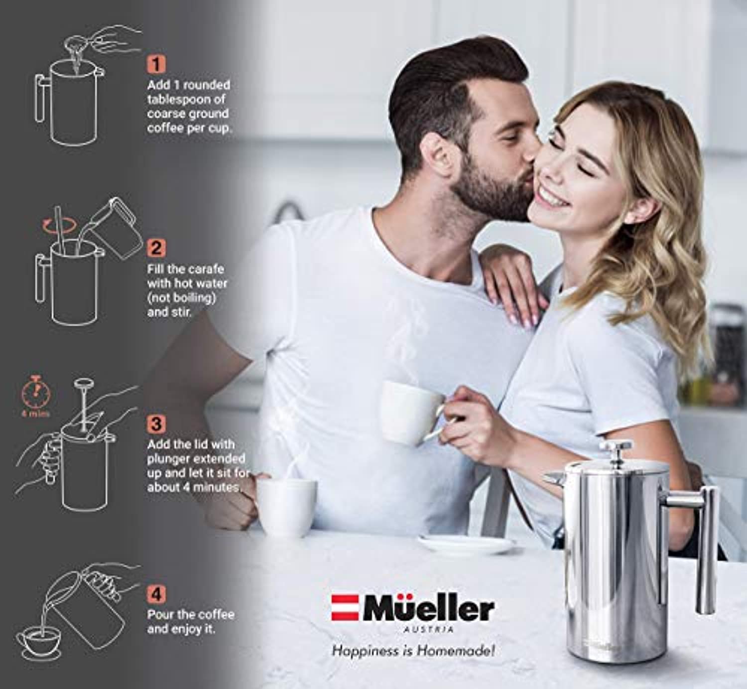 French Press Double Insulated 310 Stainless Steel Coffee Maker 4 Level Filtration System, No Coffee Grounds, Rust-Free, Dishwasher Safe-Toppalletfly