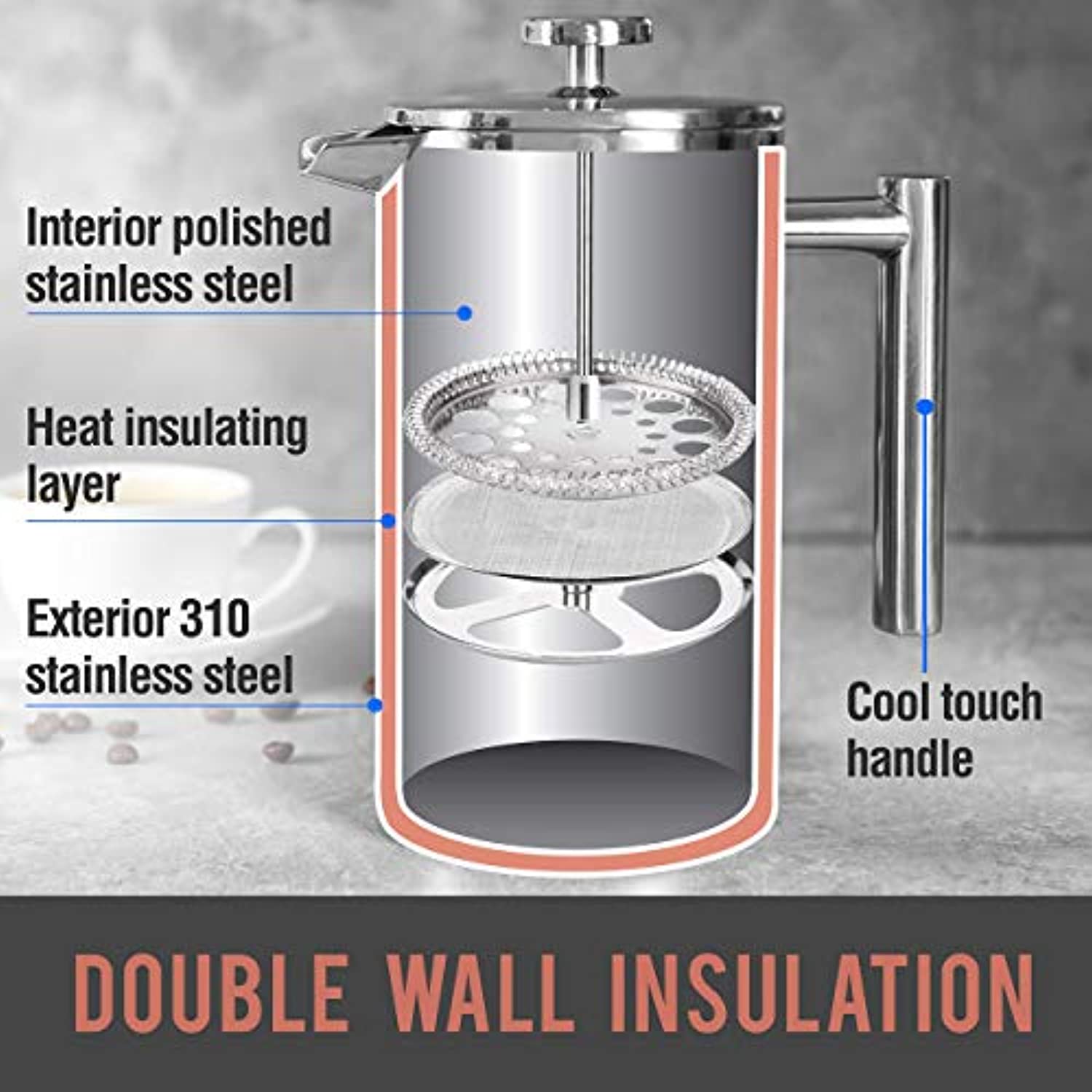 French Press Double Insulated 310 Stainless Steel Coffee Maker 4 Level Filtration System, No Coffee Grounds, Rust-Free, Dishwasher Safe-Toppalletfly
