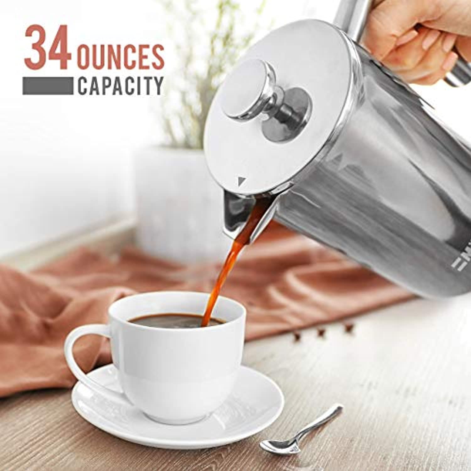French Press Double Insulated 310 Stainless Steel Coffee Maker 4 Level Filtration System, No Coffee Grounds, Rust-Free, Dishwasher Safe-Toppalletfly