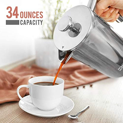 French Press Double Insulated 310 Stainless Steel Coffee Maker 4 Level Filtration System, No Coffee Grounds, Rust-Free, Dishwasher Safe-Toppalletfly