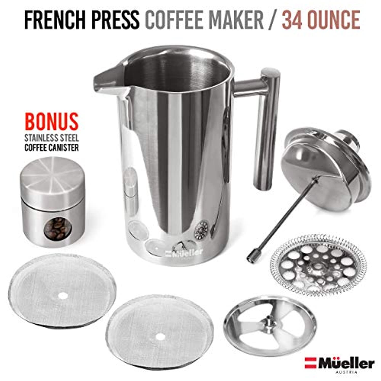 French Press Double Insulated 310 Stainless Steel Coffee Maker 4 Level Filtration System, No Coffee Grounds, Rust-Free, Dishwasher Safe-Toppalletfly