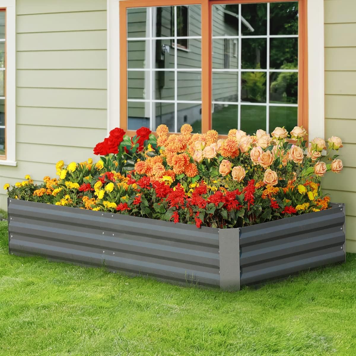 Galvanized Raised Garden Bed with Cover Metal Planter Box Kit, w/ 2 Large Screen Windows Mini Greenhouse 20pcs T Tags 1 Pair of Gloves-Toppalletfly