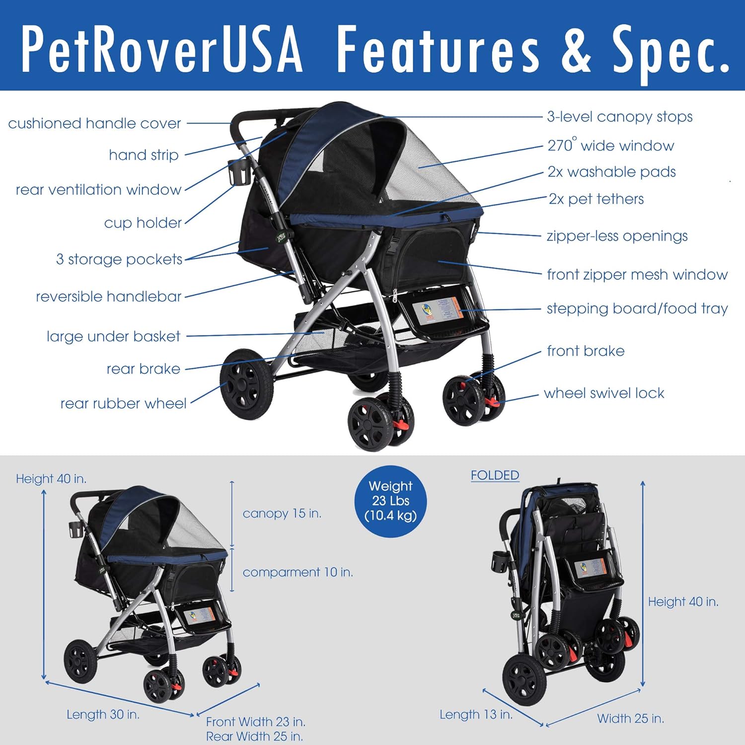 Heavy Duty Dog Stroller, Pet Stroller with Convertible Compartment-Toppalletfly