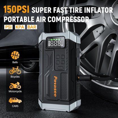 Jump Starter 5000A with Air Compressor & 150PSI Tire Inflator, 12V Battery Jump Box, LCD Display, Flashlight, Storage Case, Up to 9L Gas or 8L Diesel-Toppalletfly