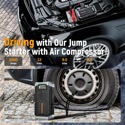 Jump Starter 5000A with Air Compressor & 150PSI Tire Inflator, 12V Battery Jump Box, LCD Display, Flashlight, Storage Case, Up to 9L Gas or 8L Diesel-Toppalletfly