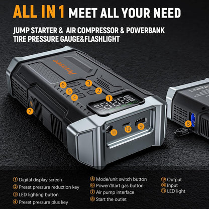 Jump Starter 5000A with Air Compressor & 150PSI Tire Inflator, 12V Battery Jump Box, LCD Display, Flashlight, Storage Case, Up to 9L Gas or 8L Diesel-Toppalletfly