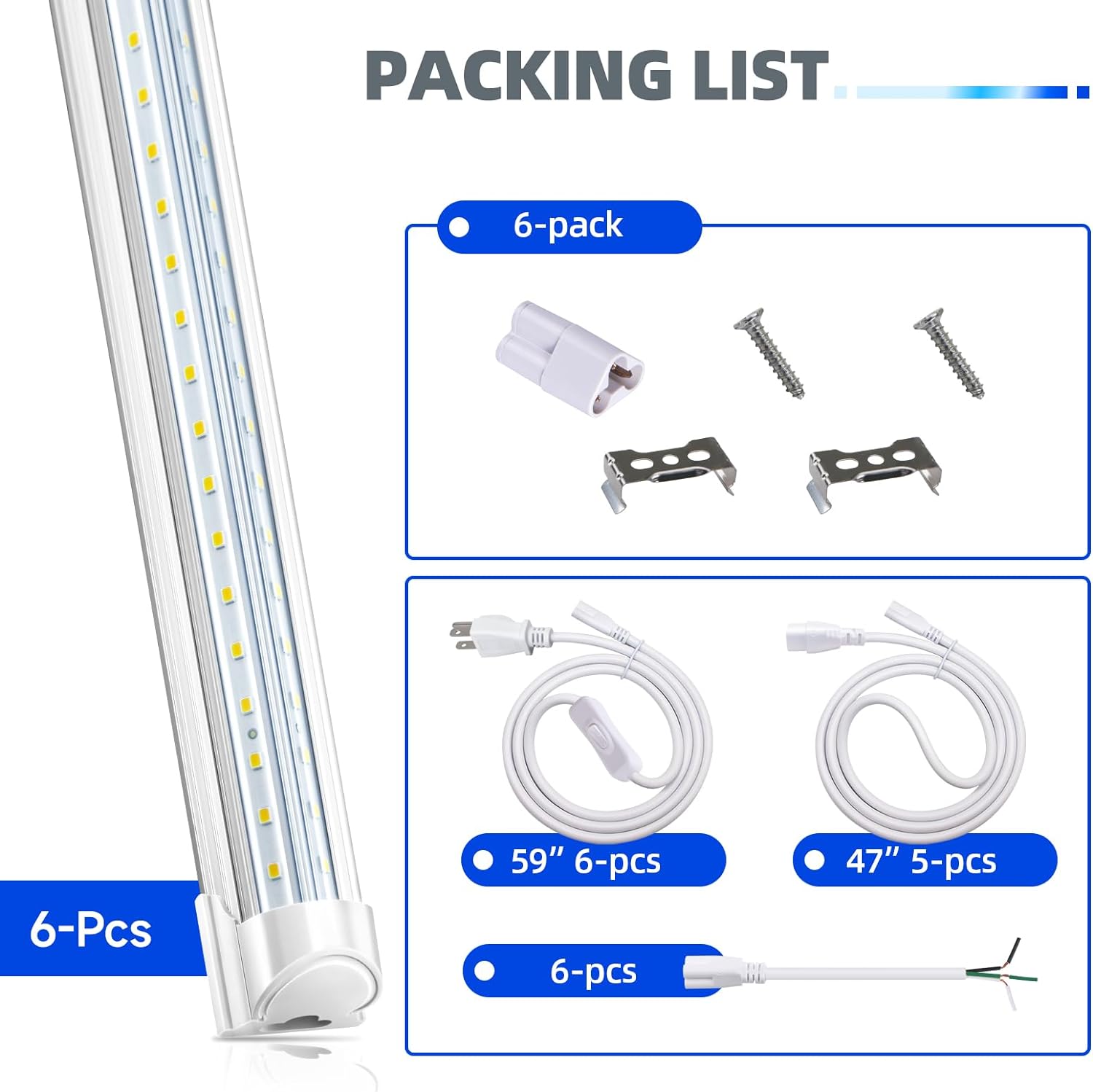 LED Shop Light, 6FT 60W 8000LM 5000K, Clear Cover Linkable LED Garage Lights, V-shape LED Light Fixture-Toppalletfly