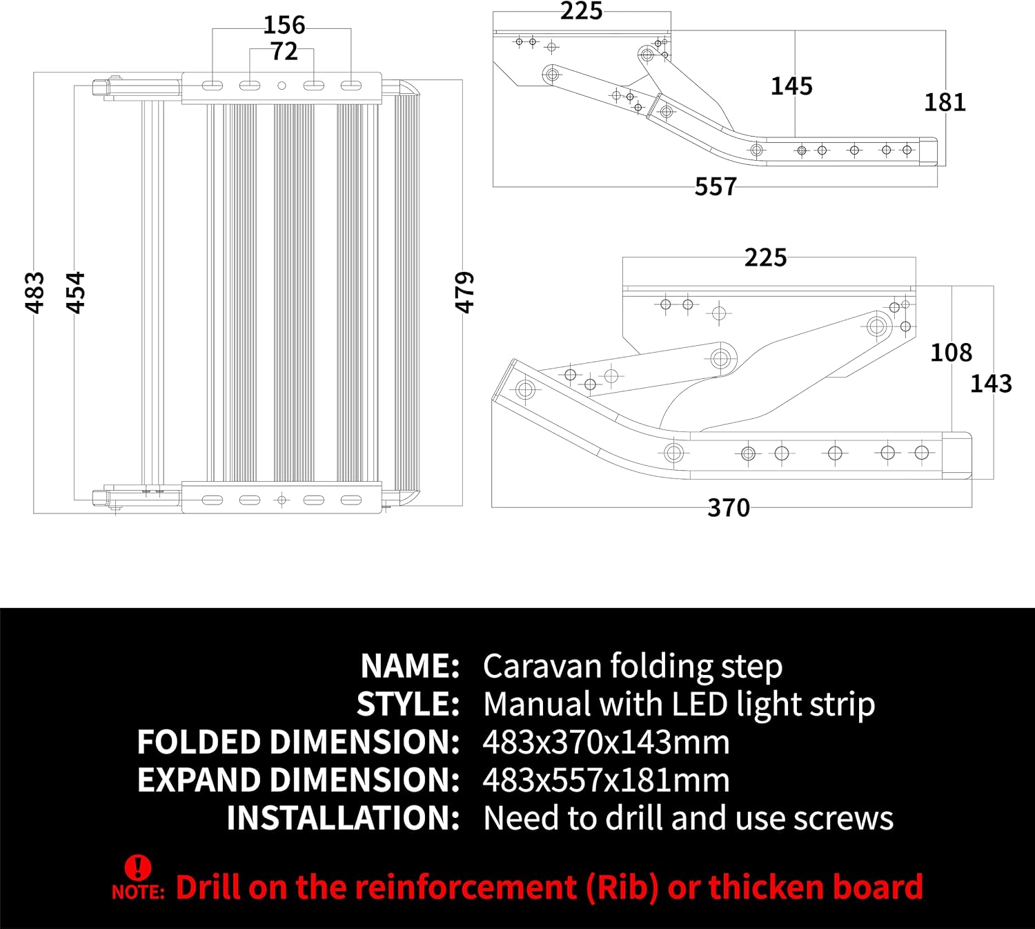 Manual Folding Aluminum Step Ladder with LED Light for RVs and Campers-Toppalletfly
