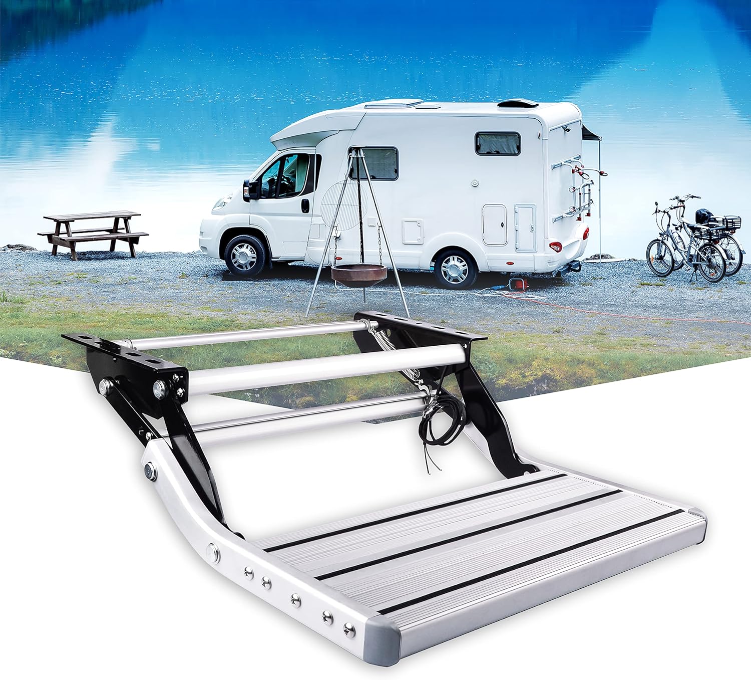 Manual Folding Aluminum Step Ladder with LED Light for RVs and Campers-Toppalletfly
