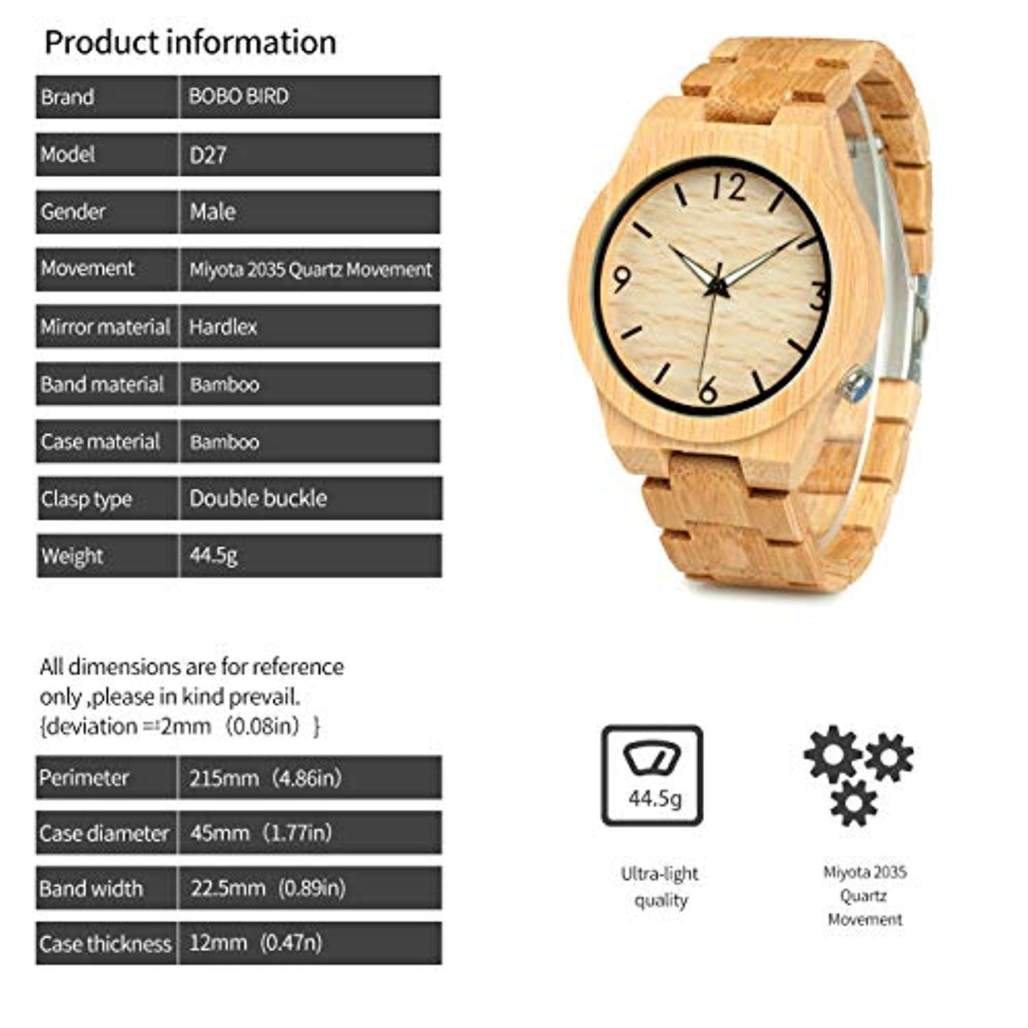 Men's Bamboo Wooden Watch Numeral Scale Large Face Quartz Watch Lightweight-Toppalletfly