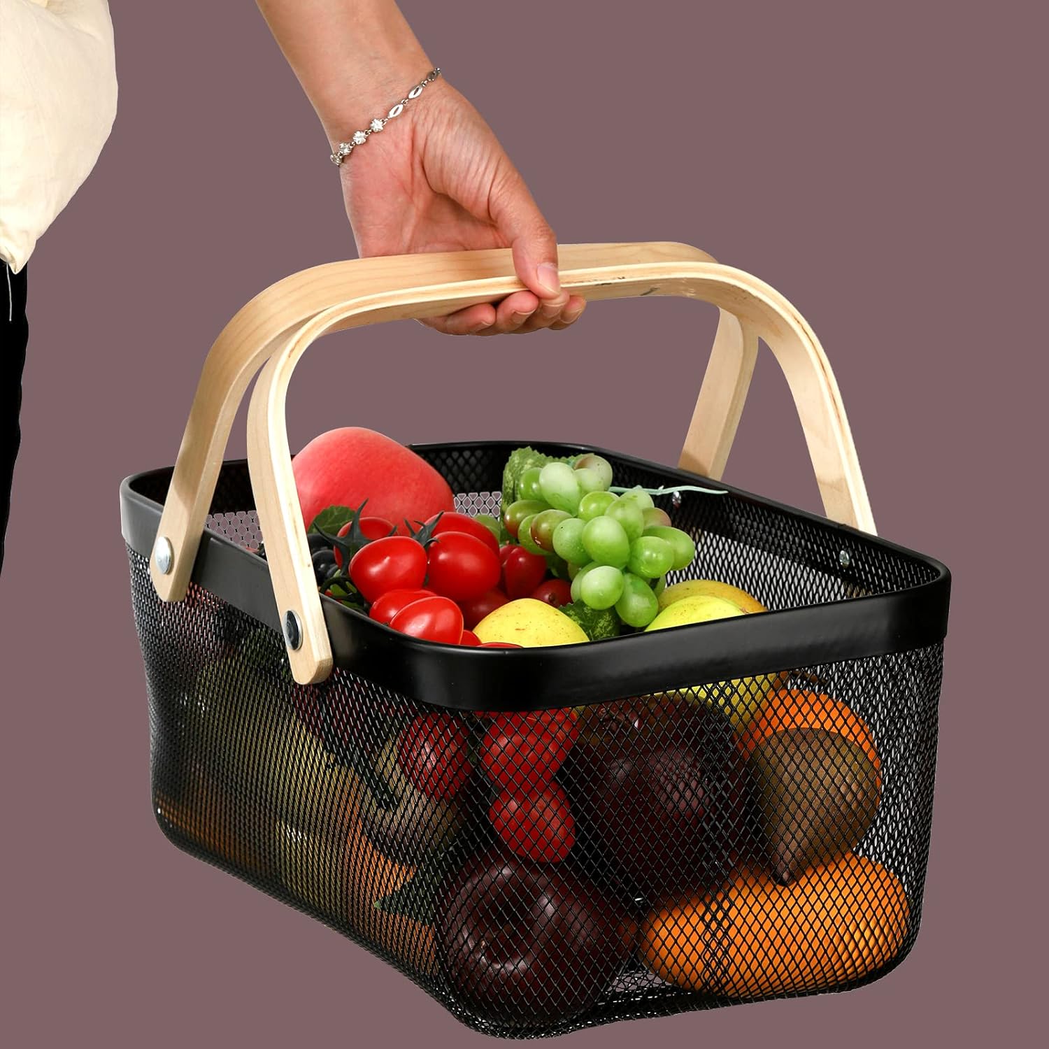 Mesh Harvest Basket with Handle, Multi-Functional Metal Wire Bin for Fruits, Vegetables, and Picnics-Toppalletfly